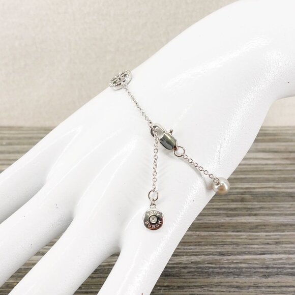 Tory Burch Crystal Logo & Imitation Pearl Station Bracelet Silver OS - Picture 12 of 15